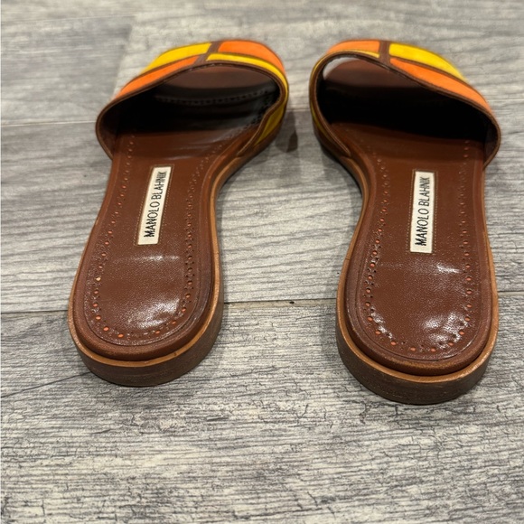 Manolo Blahnik Megacle Orange and Yellow Colorblock Leather Flat Sandals - Picture 6 of 9